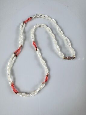 Vintage Mother Of Pearl White and Coral Beaded Necklace with Gold Accents